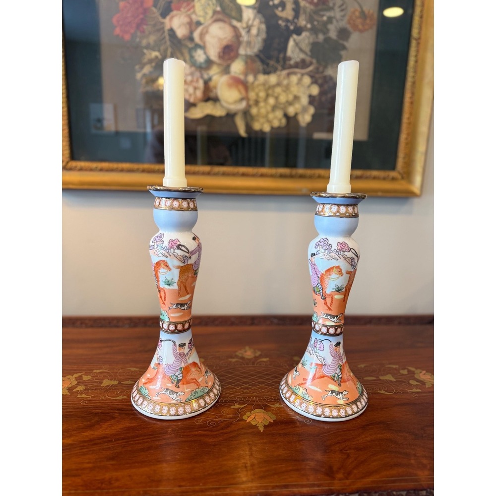 Chinoiserie Porcelain Candlestick Holders | Vintage‎ Orange & Blue Pair 10.25"